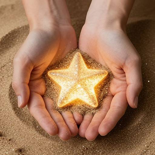 Photograph of pale hands cupping a glowing, golden star-shaped spark surrounded by sand, with sunlight highlighting the star's shimmer.