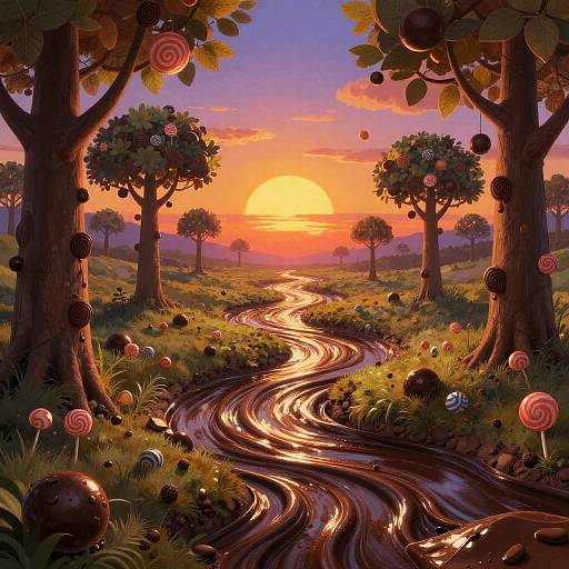 Digital painting of a vibrant sunset over a winding, reflective stream, surrounded by candy-filled trees in a whimsical forest.