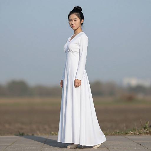 Photograph of an Asian woman with black hair in a bun, wearing a long white dress, standing outdoors on a stone path.