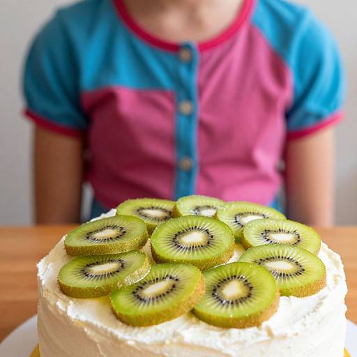 Photograph of a child in a colorful shirt, blurred background, focusing on a white cake topped with fresh kiwi slices.