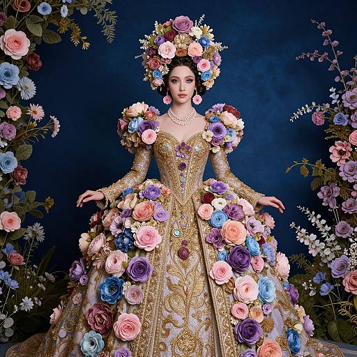 Photorealistic digital artwork of a fair-skinned woman in an elaborate, gold-embroidered gown adorned with colorful roses, wearing a matching floral