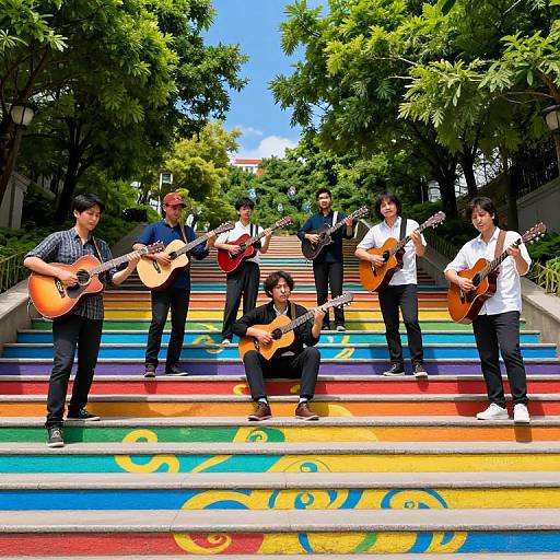 Musicians on Vibrant Rainbow Steps