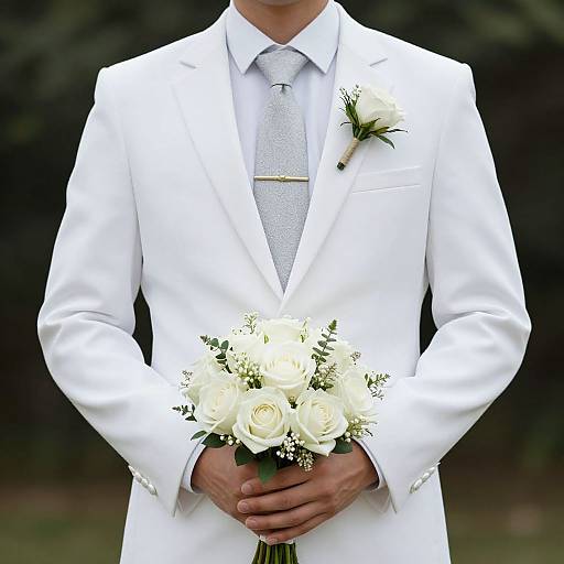 Groom in White Suit with Bouquet