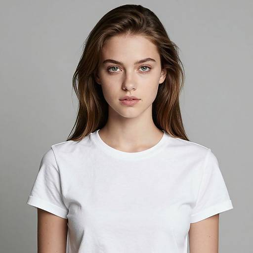 Photograph of a young Caucasian woman with long brown hair, green eyes, and fair skin, wearing a plain white t-shirt, against a plain gray