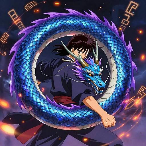 Anime-style digital artwork of a young man with black hair, wearing a dark blue kimono, embracing a glowing blue dragon with purple accents, surrounded by