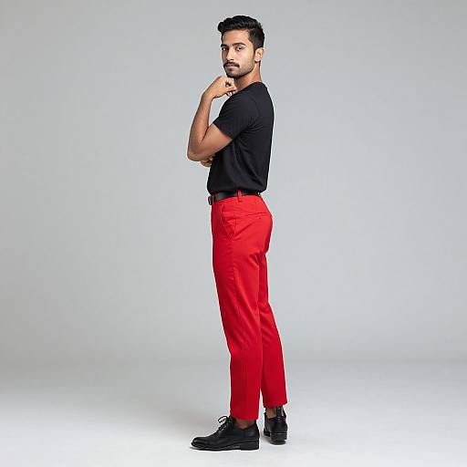 Photograph of a bearded man with short dark hair, wearing a black t-shirt, bright red pants, and black shoes, standing in profile against