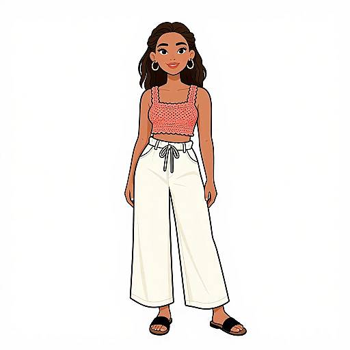 Digital illustration of a young woman with dark skin and long black hair, wearing a pink polka-dot crop top, white high-waisted pants,