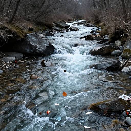 Photograph of a fast-flowing, icy stream with white rapids, surrounded by dark, leafless trees and rocky banks, featuring scattered orange leaves