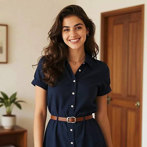 Photograph of a smiling young woman with wavy dark hair, wearing a navy blue dress with white buttons and a brown belt, standing in a warmly
