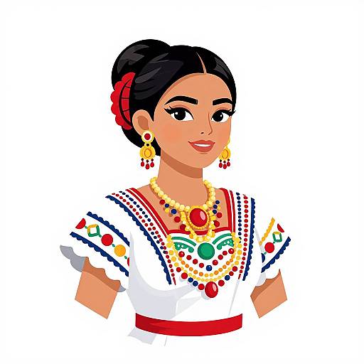 Digital illustration of a smiling Mexican woman with dark hair in a bun, wearing a white blouse with red and blue embroidery, colorful jewelry, and red head