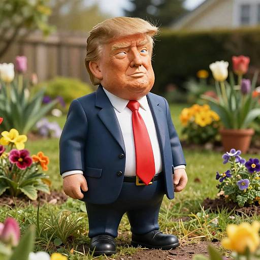 Photograph of a detailed, cartoon-like figurine of Donald Trump in a blue suit, red tie, standing in a colorful garden with blooming flowers