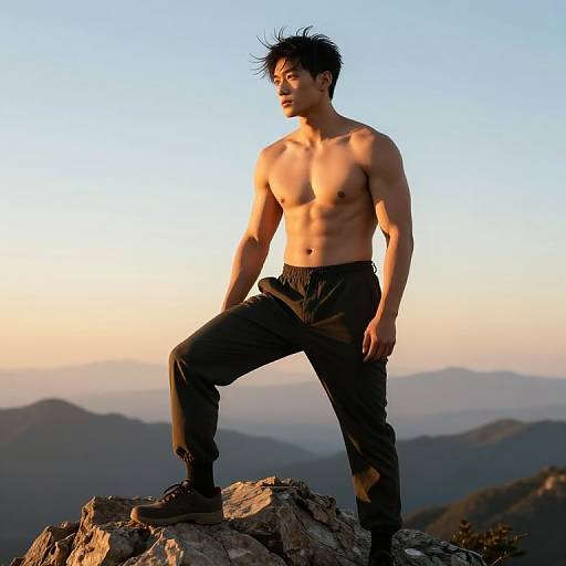 Photograph of a muscular, shirtless Asian man with short black hair, wearing black pants and boots, standing confidently on a rocky mountain peak at sunset