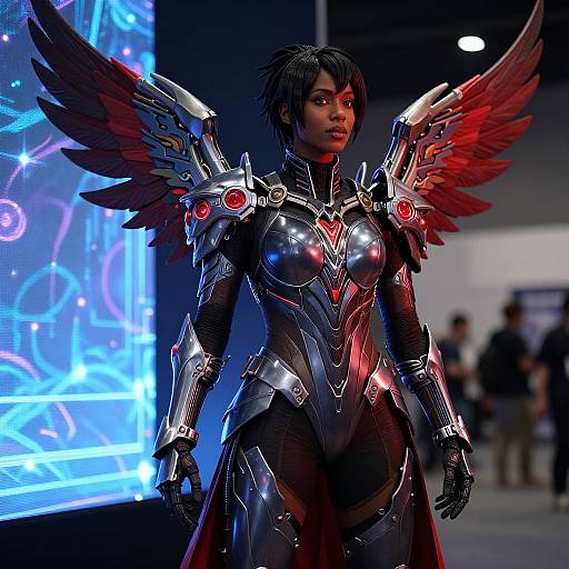 Photorealistic CGI of a black-haired woman in futuristic, metallic armor with red wings, standing confidently in a dimly-lit exhibition hall.