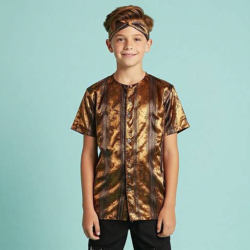 Photograph of a smiling young boy with short brown hair, wearing a shiny gold and brown patterned shirt and black pants, against a light blue background