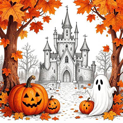 Halloween Haunted Castle with Pumpkins and Ghost