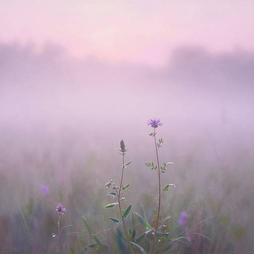 Photograph of delicate purple wildflowers with green leaves in a softly blurred, misty meadow under a bright, pinkish-white sky.