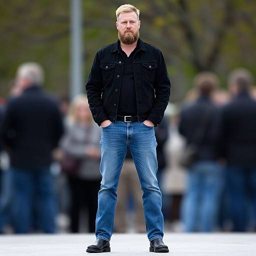 Photograph of a tall, bearded, blonde man with blue eyes, wearing a black jacket, blue jeans, and black shoes, standing confidently with