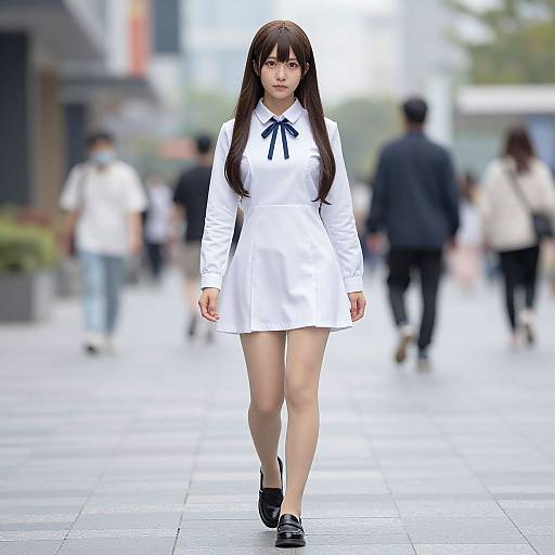 Photograph of a young Asian woman with long brown hair, wearing a white dress with a blue ribbon, black shoes, walking confidently in a blurred urban