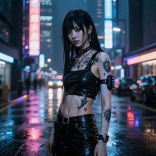 Gothic cyberpunk woman with black leather crop top, arm band, and pants, wet street at night, neon lights, rain, and tattoos