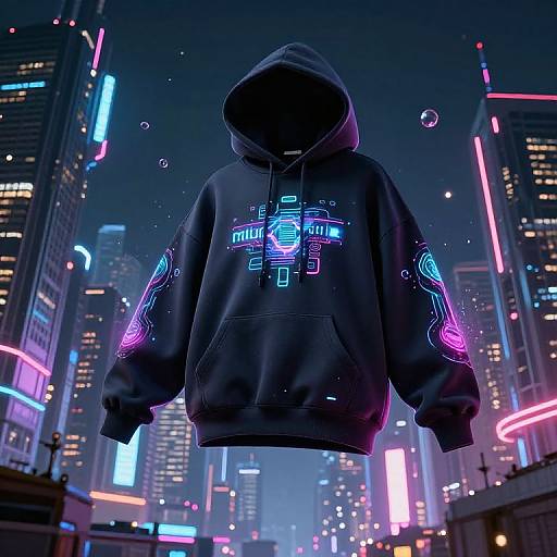 Photorealistic digital artwork of a dark gray hoodie with neon blue and pink cyberpunk patterns, floating in a futuristic neon-lit cityscape at night
