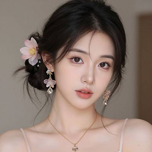 Photograph of an East Asian woman with fair skin, black hair in a loose bun, adorned with a pink flower, wearing delicate floral earrings and necklace