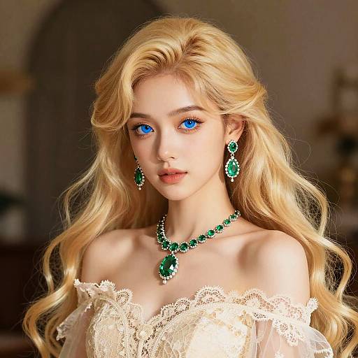 Digital portrait of a blonde woman with blue eyes, wearing an off-shoulder lace dress and green gemstone jewelry, featuring long wavy hair and