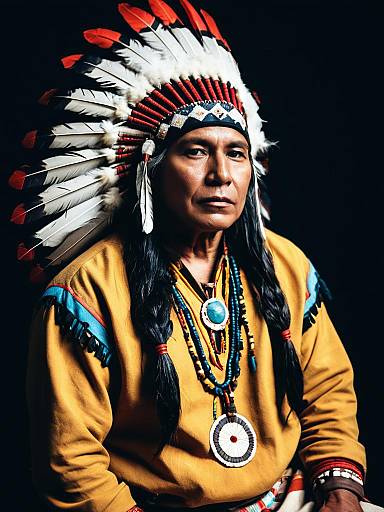 Photograph of a Native American woman wearing a vibrant red, white, and black feathered headdress, yellow traditional shirt, and multiple beaded neck