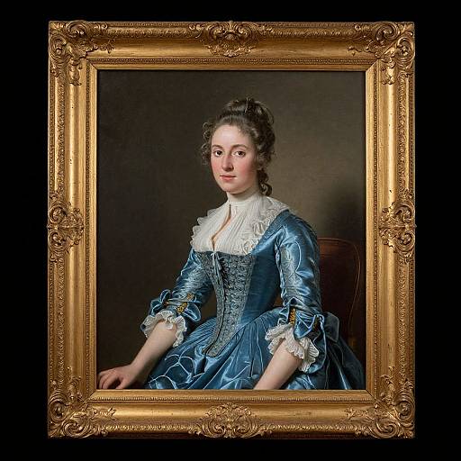 18th-century portrait of a fair-skinned woman with dark hair in an elaborate blue satin dress with white lace, seated, framed in an ornate