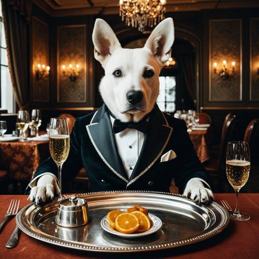 Elegant Anthropomorphic Dog Portrait in Restaurant Elegant Anthropomorphic Dog Portrait in Restaurant