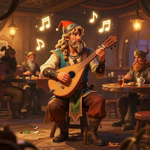 Photograph-style digital painting of a bearded, long-haired, Viking-like man with a red hat playing a lute in a dimly lit tavern