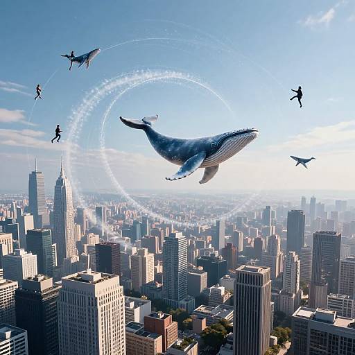 Photograph of a cityscape with a large, blue whale flying above skyscrapers, surrounded by birds and a glowing white circle.