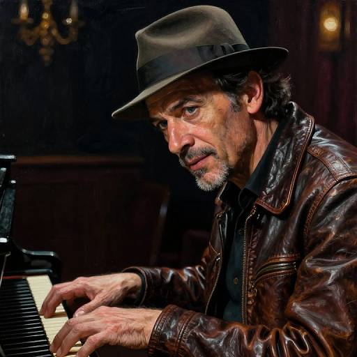 Photograph of a middle-aged man with a gray beard and mustache, wearing a brown fedora and leather jacket, intensely playing a piano in a