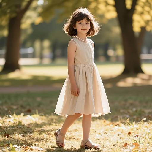Photograph of a young girl with short brown hair in a light beige sleeveless dress, standing in a sunlit park with golden leaves and trees in
