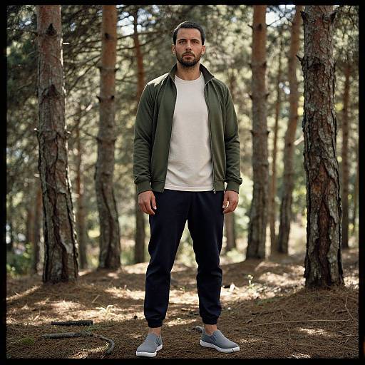 Photograph of a bearded man with medium build, short dark hair, olive green jacket, white t-shirt, black pants, and grey sneakers,