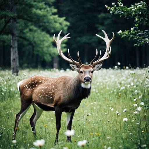 Deer with Large Antlers in Flower Field