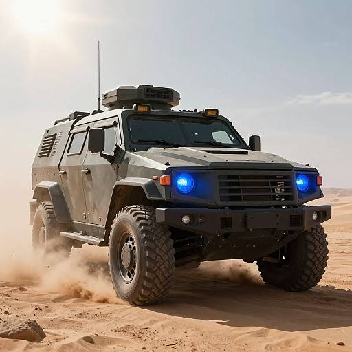 Photograph of a black, heavily armored SUV with blue headlights driving through a sandy desert, kicking up dust, under a bright, clear sky.