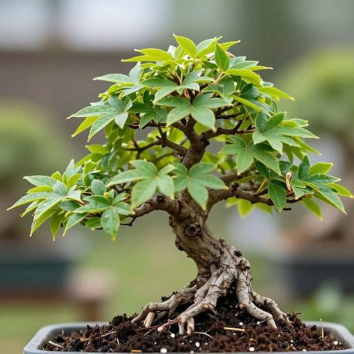 Photograph of a small bonsai tree with vibrant green leaves and intricate, twisted brown trunk, set in a shallow pot of dark soil, with a