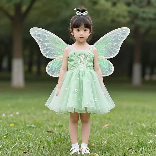 Photograph of an Asian girl with black hair in a bun, wearing a mint green fairy dress and translucent wings, standing on grass in a park.