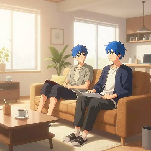 Digital anime-style illustration of two blue-haired brothers with casual clothing, sitting on a brown couch in a sunlit living room.