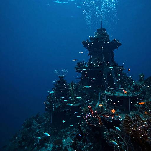 Photograph of a vibrant underwater scene with a tall, silhouetted coral structure surrounded by numerous small, colorful fish in a deep blue ocean.