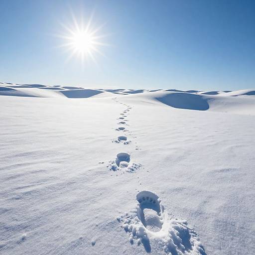 Photograph of a bright, sunlit snow-covered landscape with a single footprint trail leading into the distance, under a clear blue sky.