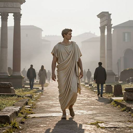 Photograph of a young man in ancient Roman attire walking through a sunlit, misty, ruined temple courtyard with columns and distant figures.