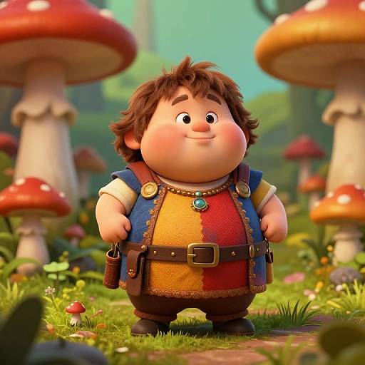 CGI image of a chubby, smiling young boy with brown hair, wearing a colorful vest and belt, standing in a vibrant forest with large red-and
