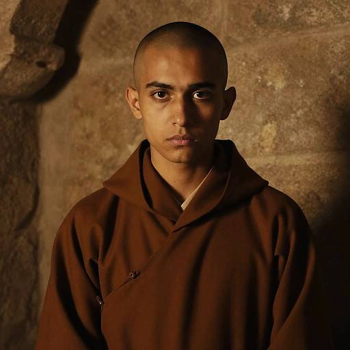 Photograph of a young, bald, dark-skinned man with serious expression, wearing a brown hooded robe, against a textured brown stone wall.