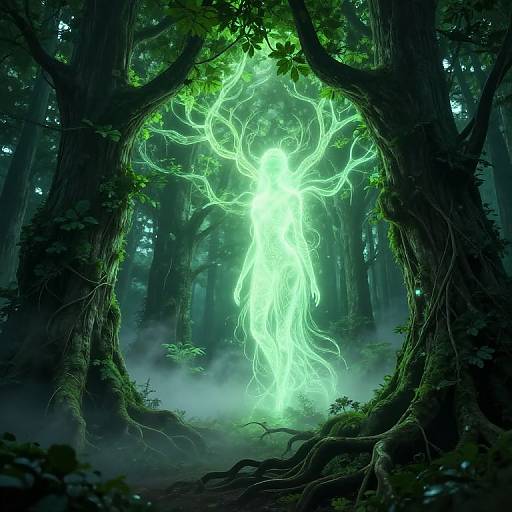 Digital artwork of a glowing, neon-green, tree-like creature emerging from a misty forest, framed by dark, twisted trees with vibrant green foliage.
