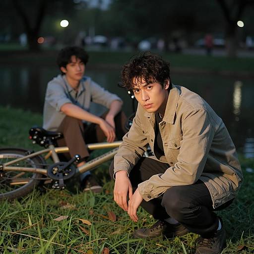 Two men in park at night with bicycle