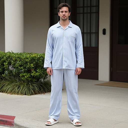 Photograph of a bearded man with short dark hair, wearing a light blue striped pajama set and white sandals, standing in front of a building