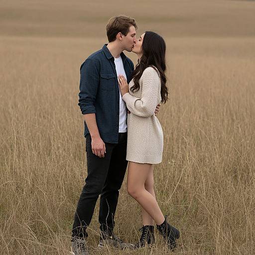 Couple Kissing in Brown Grass Field