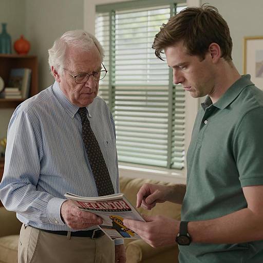 Two Men Reading Magazine Indoors