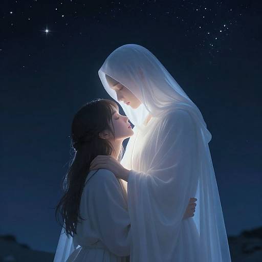 Photograph-like digital art of two women in white, ethereal, glowing nightwear under a starry sky, intimately gazing at each other,